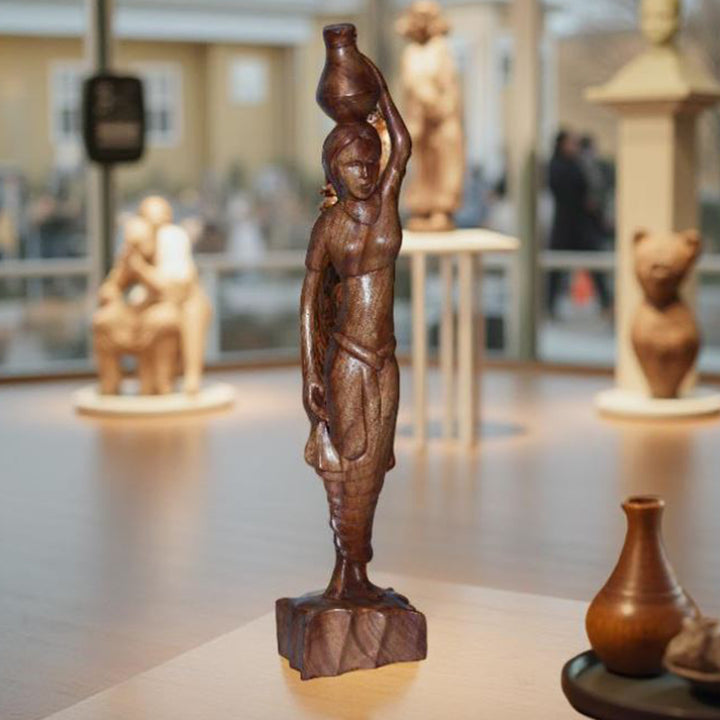 Antique Hand-Carved Water Girl Sculpture –  Wooden Art Masterpiece