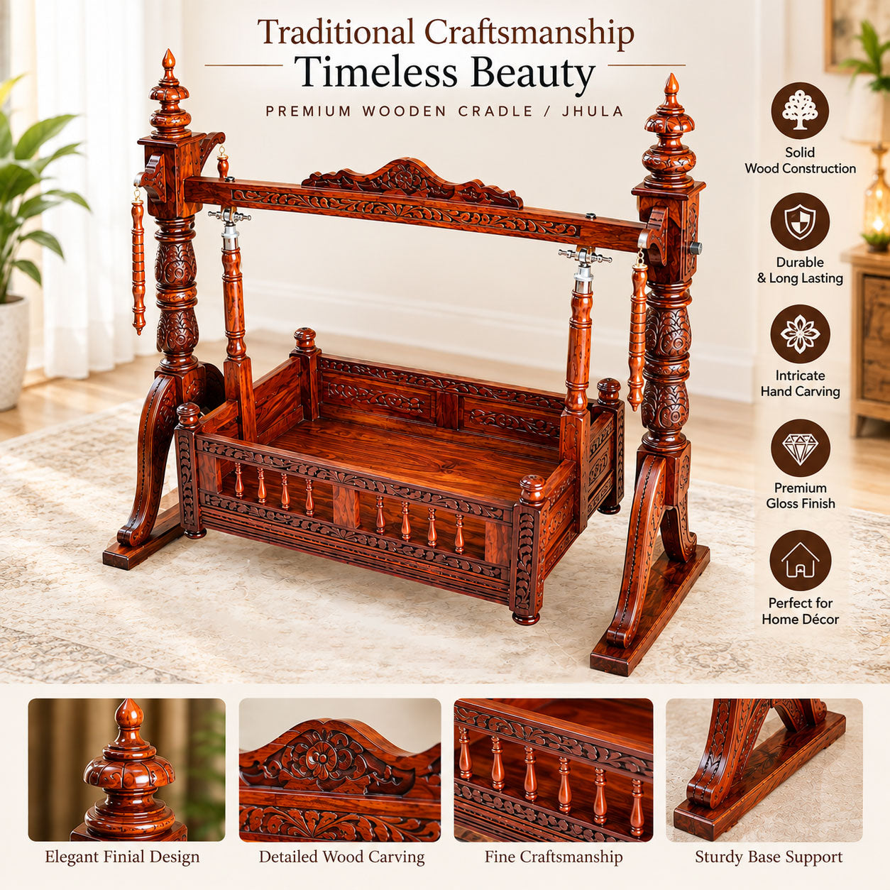 Handcrafted Wooden Baby Cradle Jhula – Traditional Swing Crib with Hand Carved Finish