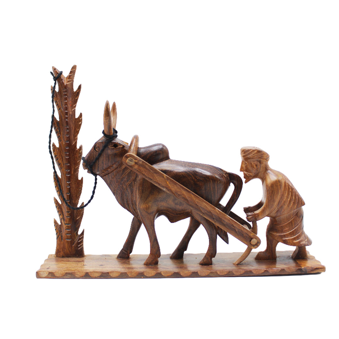 Handcrafted Wooden Farmer and Cattle Sculpture & Bull Artwork