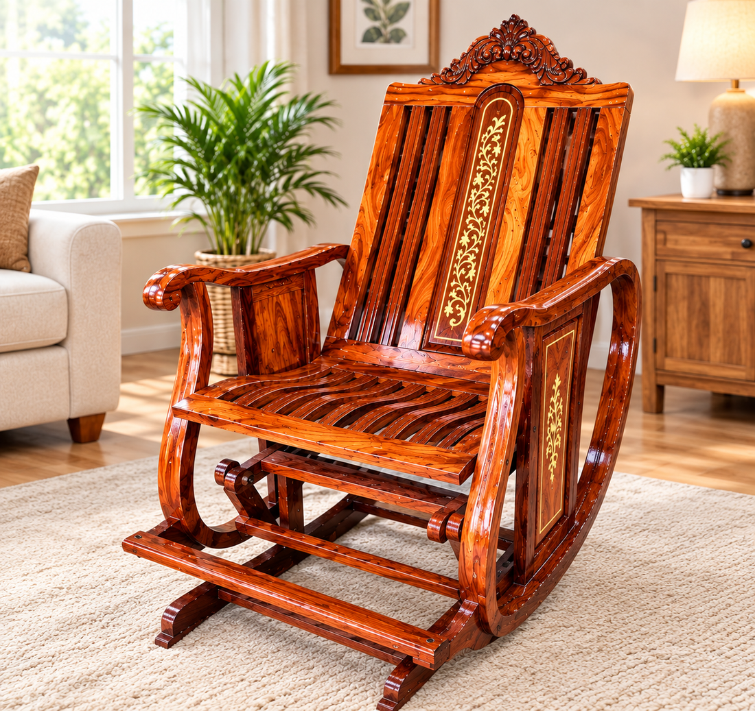 Handcrafted Wooden Rocking Chair, Rosewood Recliner with Inlay Design