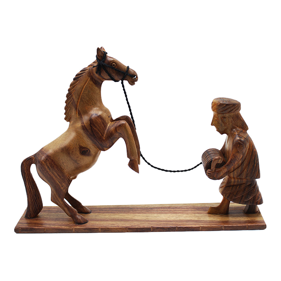 Hand Carved Wooden Horse with Man Sculpture Rustic Home Decor