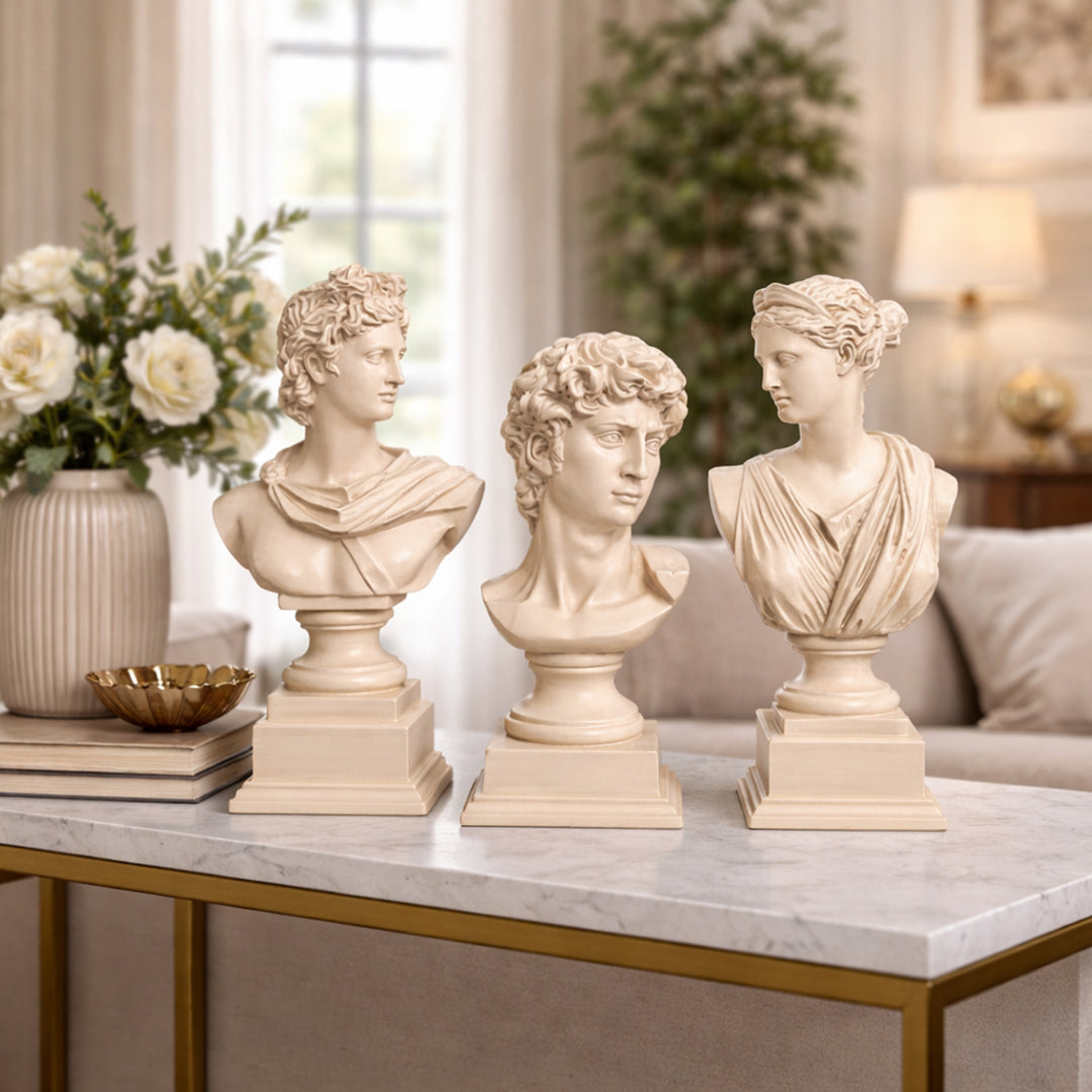 Luxury Greek Sculpture Set 3 Resin Busts Inspired by David, Apollo & Venus | Elegant Home Decor
