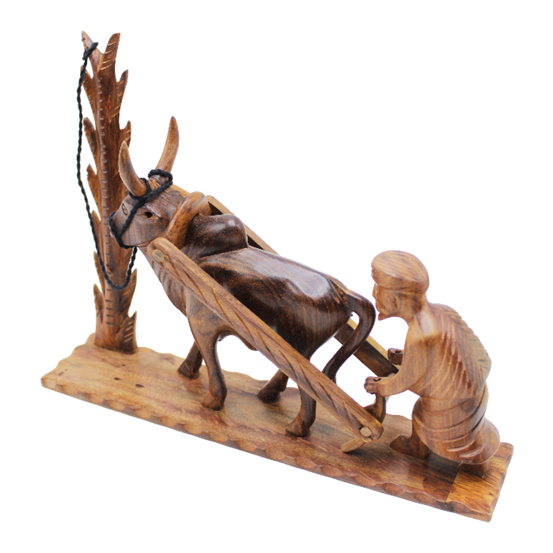 Handcrafted Wooden Farmer and Cattle Sculpture & Bull Artwork