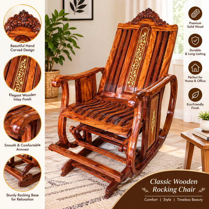 Handcrafted Wooden Rocking Chair, Rosewood Recliner with Inlay Design