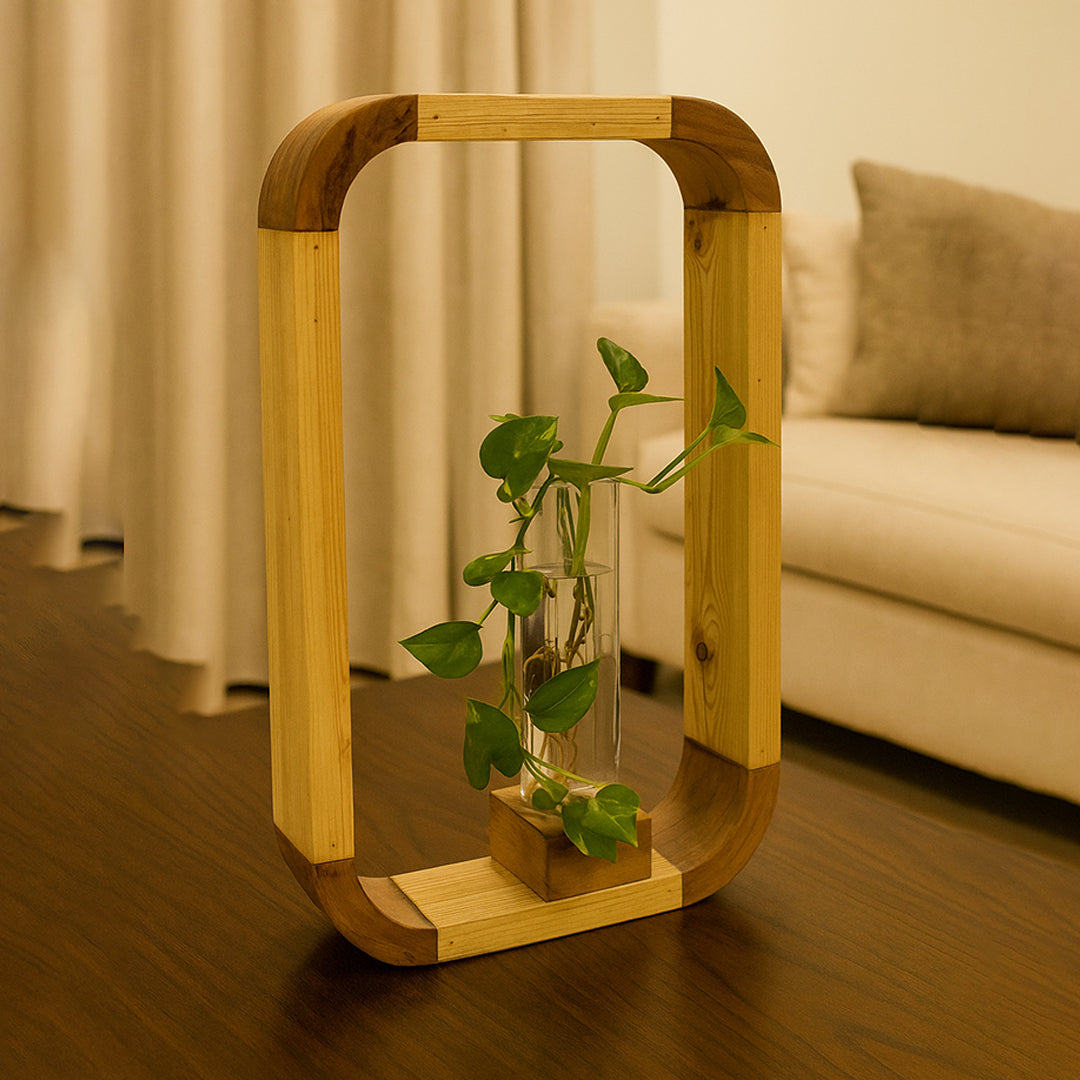 Set Of Large Wooden Frame Plant Stand – Vertical Hydroponic acrylic Vase, Indoor Planter Gift