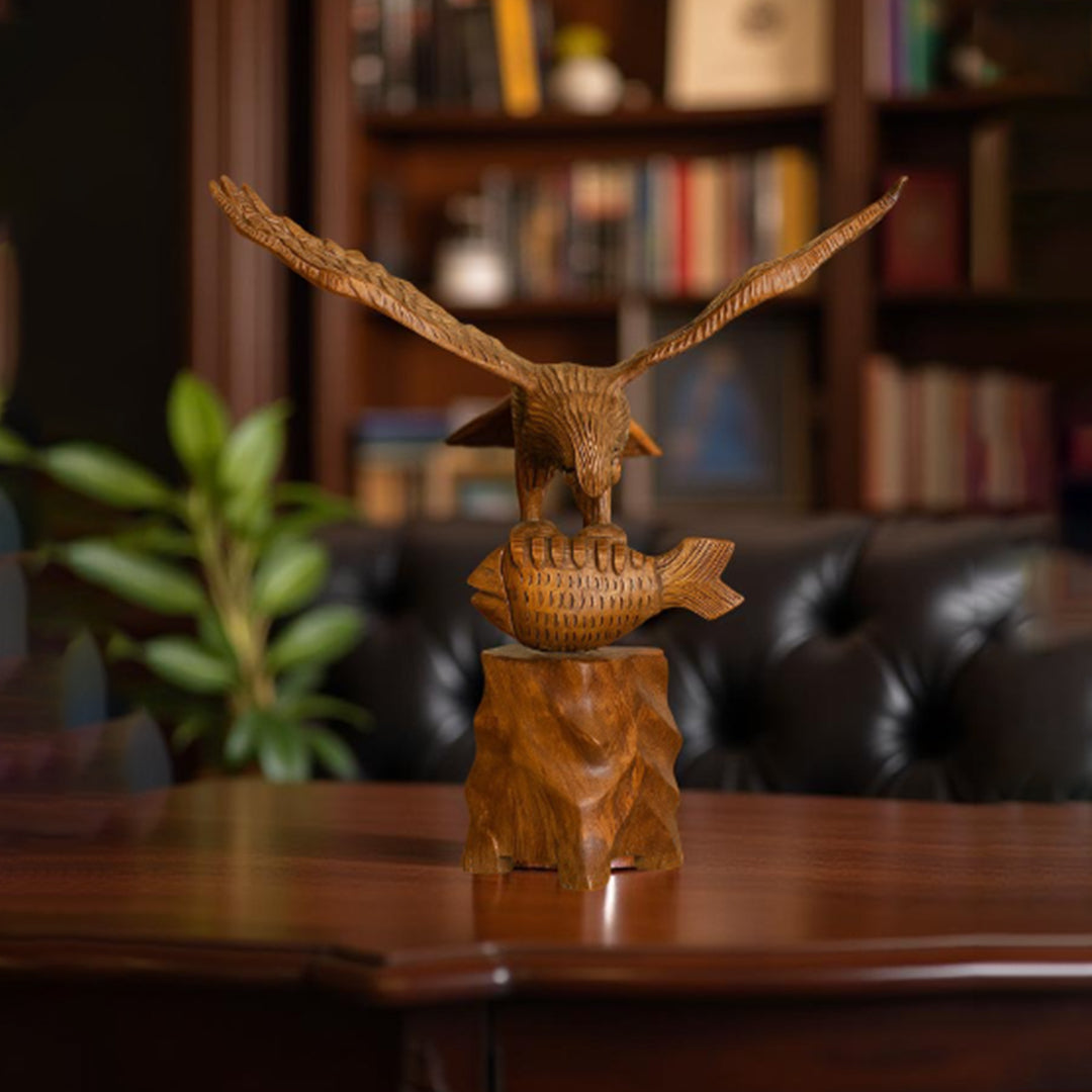 Wooden Flying Eagle Sculpture with Fish | Hand-Carved Bird Statue