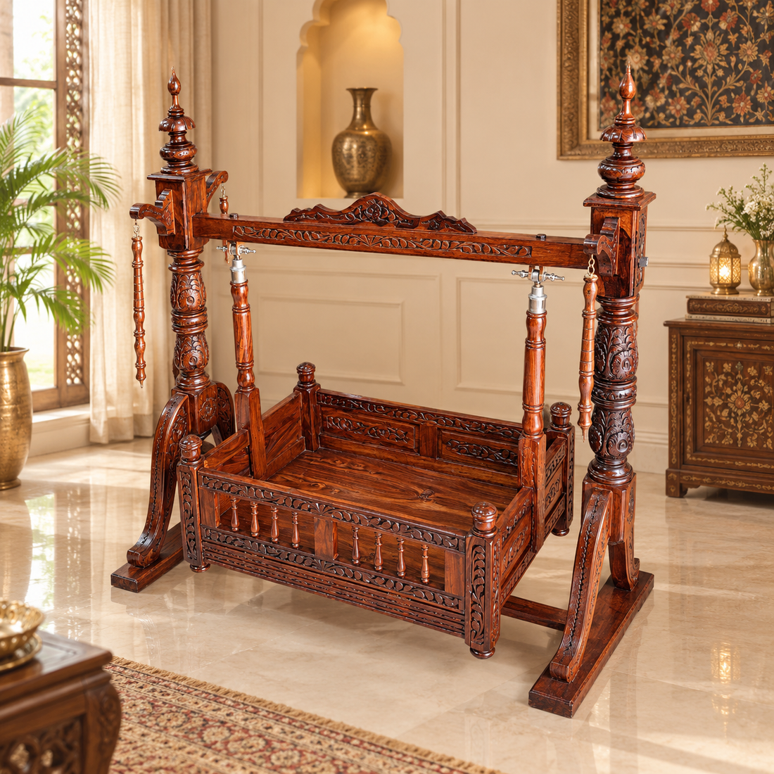 Handcrafted Wooden Baby Cradle Jhula – Traditional Swing Crib with Hand Carved Finish
