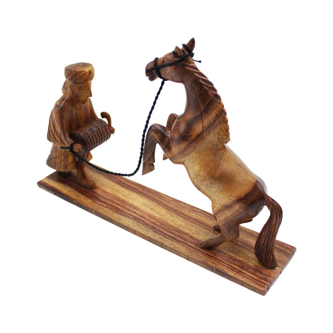 Hand Carved Wooden Horse with Man Sculpture Rustic Home Decor