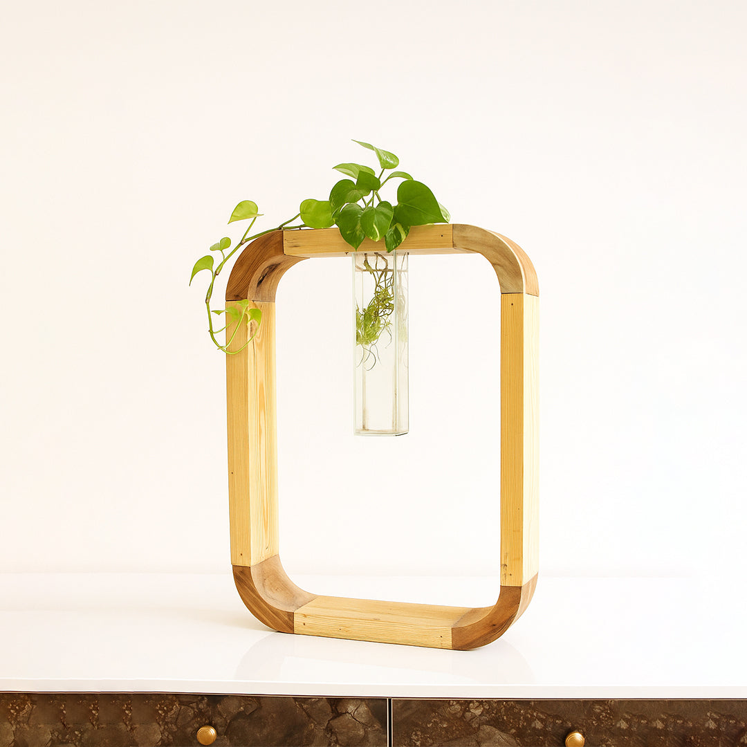 Set Of Large Wooden Frame Plant Stand – Vertical Hydroponic acrylic Vase, Indoor Planter Gift