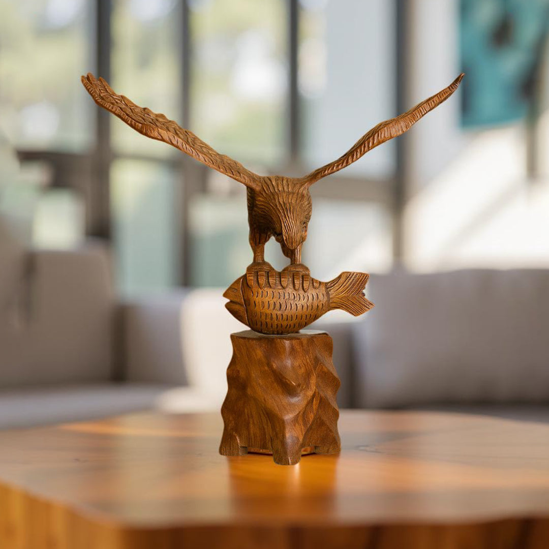 Wooden Flying Eagle Sculpture with Fish | Hand-Carved Bird Statue