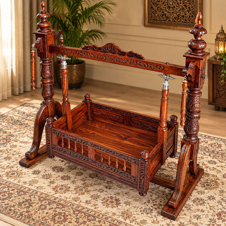 Handcrafted Wooden Baby Cradle Jhula – Traditional Swing Crib with Hand Carved Finish