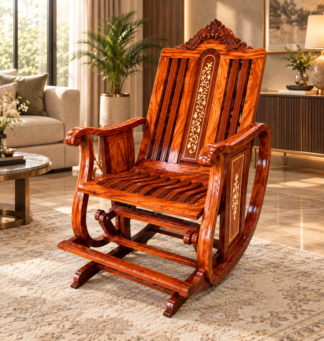 Handcrafted Wooden Rocking Chair, Rosewood Recliner with Inlay Design
