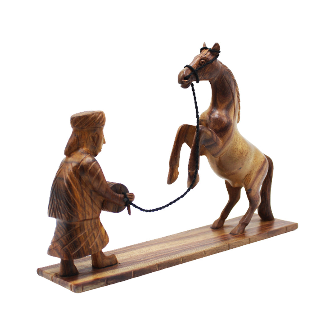 Hand Carved Wooden Horse with Man Sculpture Rustic Home Decor
