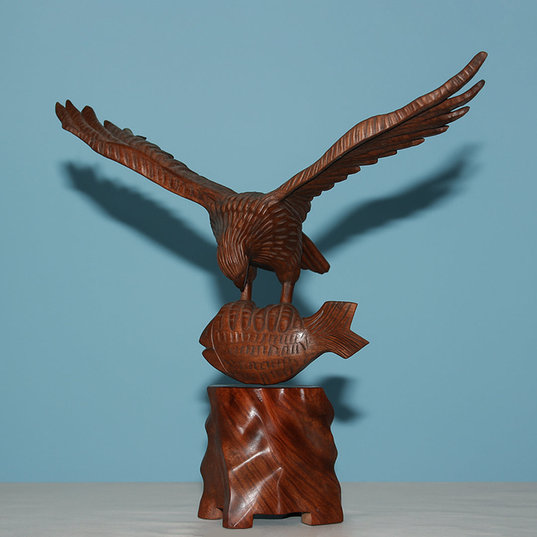 Wooden Flying Eagle Sculpture with Fish | Hand-Carved Bird Statue