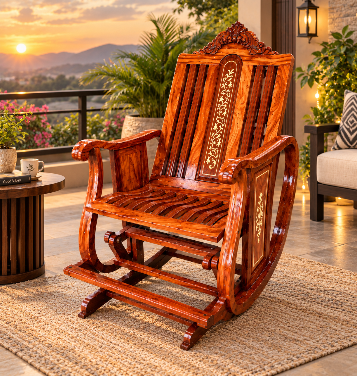 Handcrafted Wooden Rocking Chair, Rosewood Recliner with Inlay Design