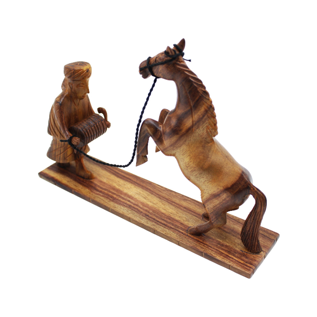Hand Carved Wooden Horse with Man Sculpture Rustic Home Decor