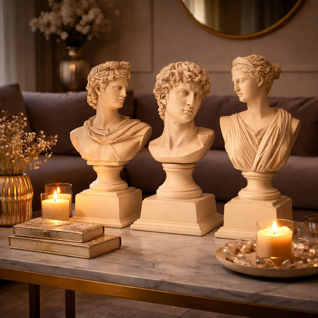 Luxury Greek Sculpture Set 3 Resin Busts Inspired by David, Apollo & Venus | Elegant Home Decor