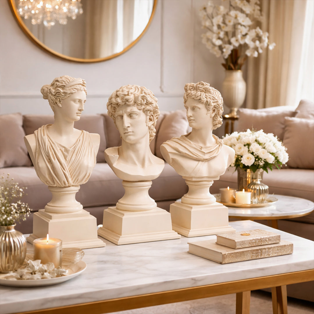 Luxury Greek Sculpture Set 3 Resin Busts Inspired by David, Apollo & Venus | Elegant Home Decor