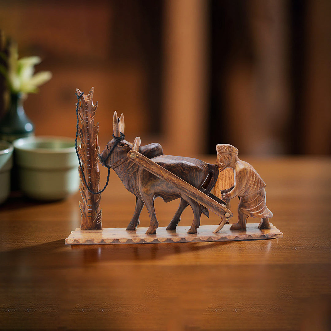 Handcrafted Wooden Farmer and Cattle Sculpture & Bull Artwork