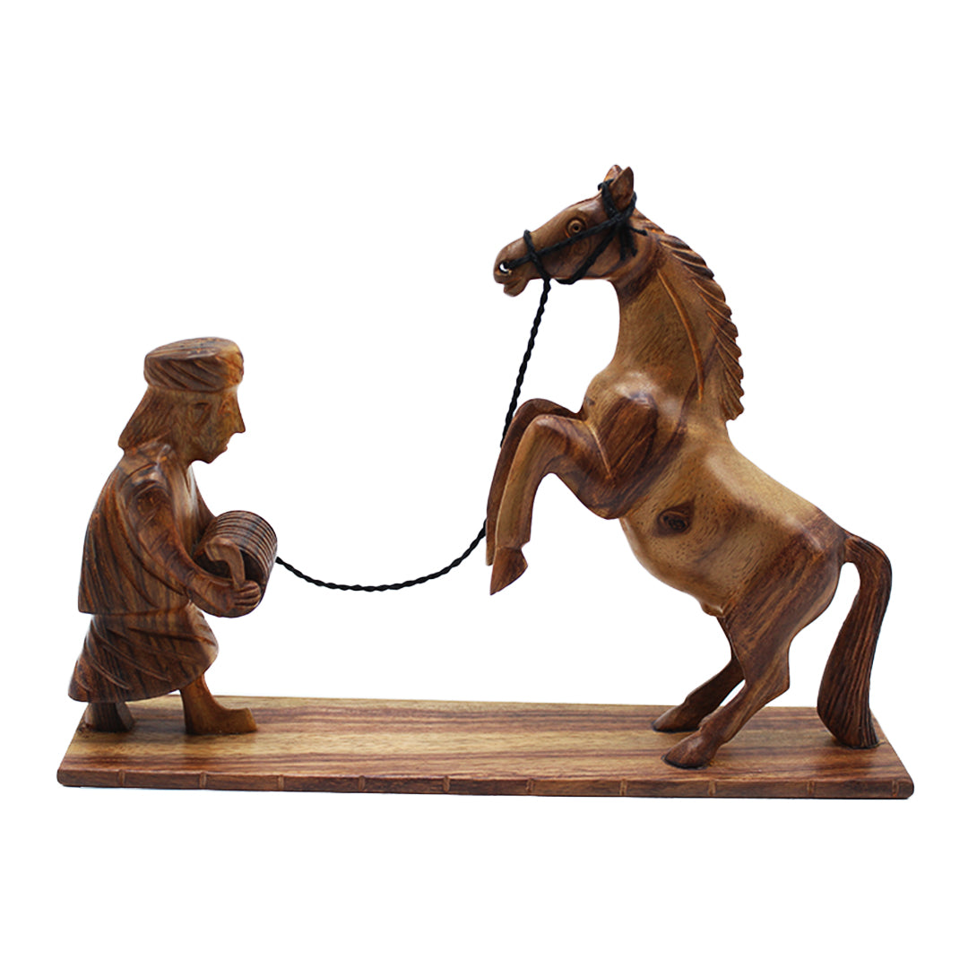 Hand Carved Wooden Horse with Man Sculpture Rustic Home Decor