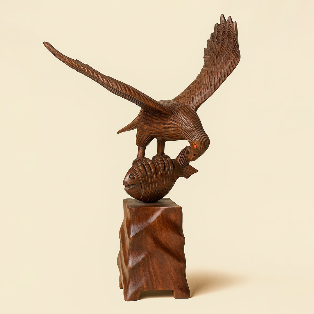 Wooden Flying Eagle Sculpture with Fish | Hand-Carved Bird Statue