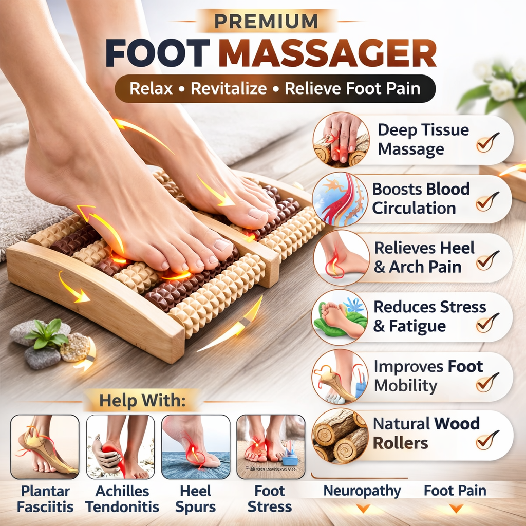 Wooden Foot Massager 6 Roller Reflexology | Handcrafted Pain Relief | Daily Wellness Gift