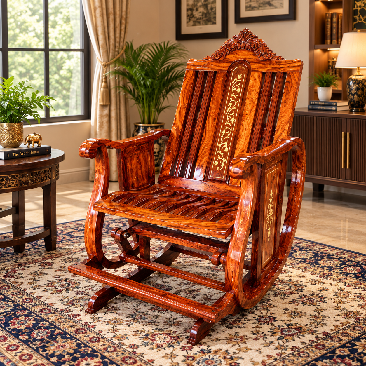 Handcrafted Wooden Rocking Chair, Rosewood Recliner with Inlay Design