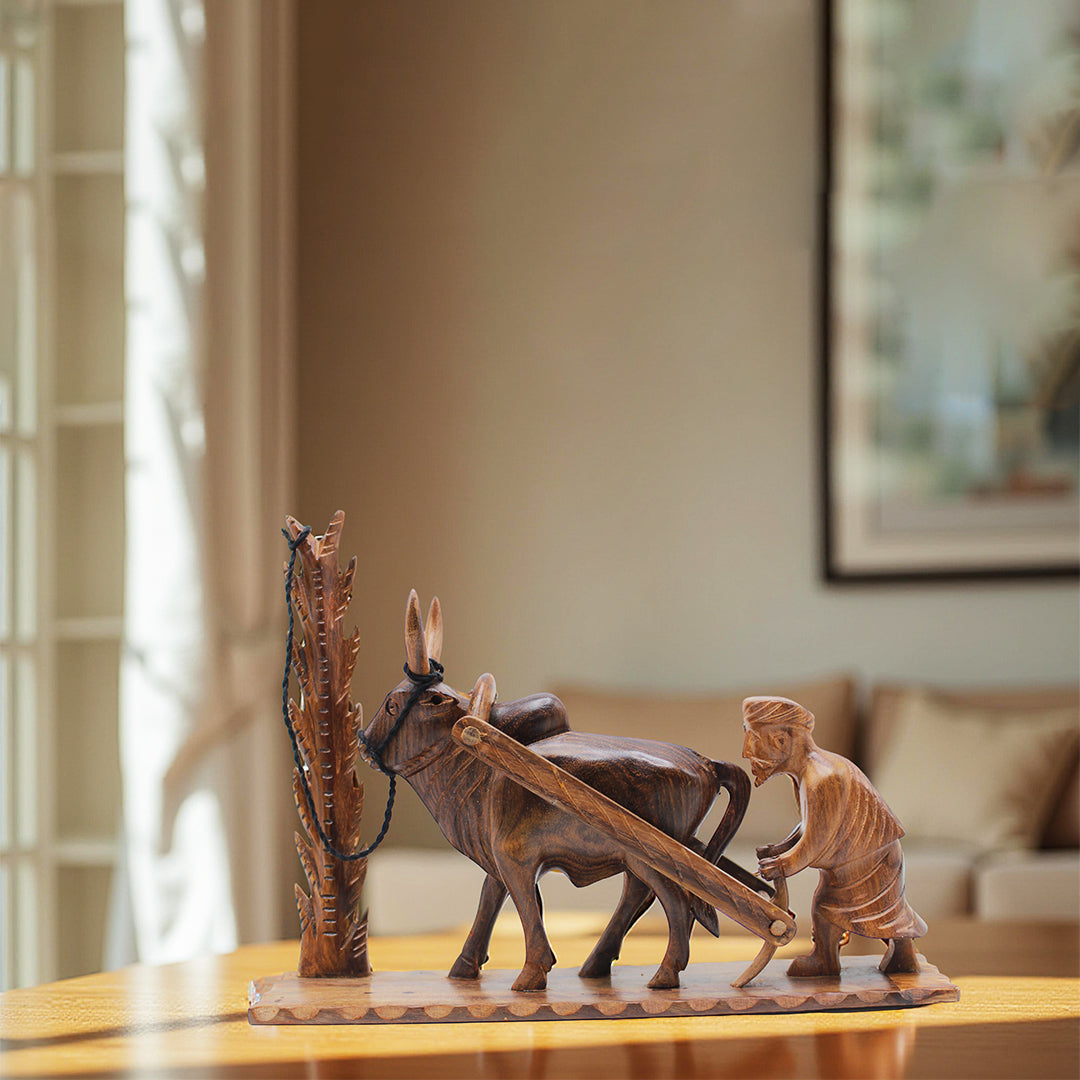 Handcrafted Wooden Farmer and Cattle Sculpture & Bull Artwork
