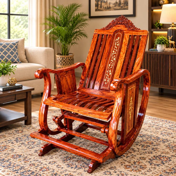 Handcrafted Wooden Rocking Chair, Rosewood Recliner with Inlay Design