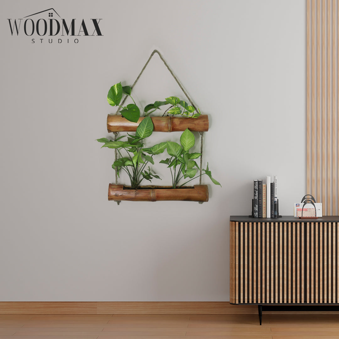 hanging bamboo planter pots Handcrafted Bamboo Wall Planter, Rustic Wooden Hanging Décor for Modern Homes