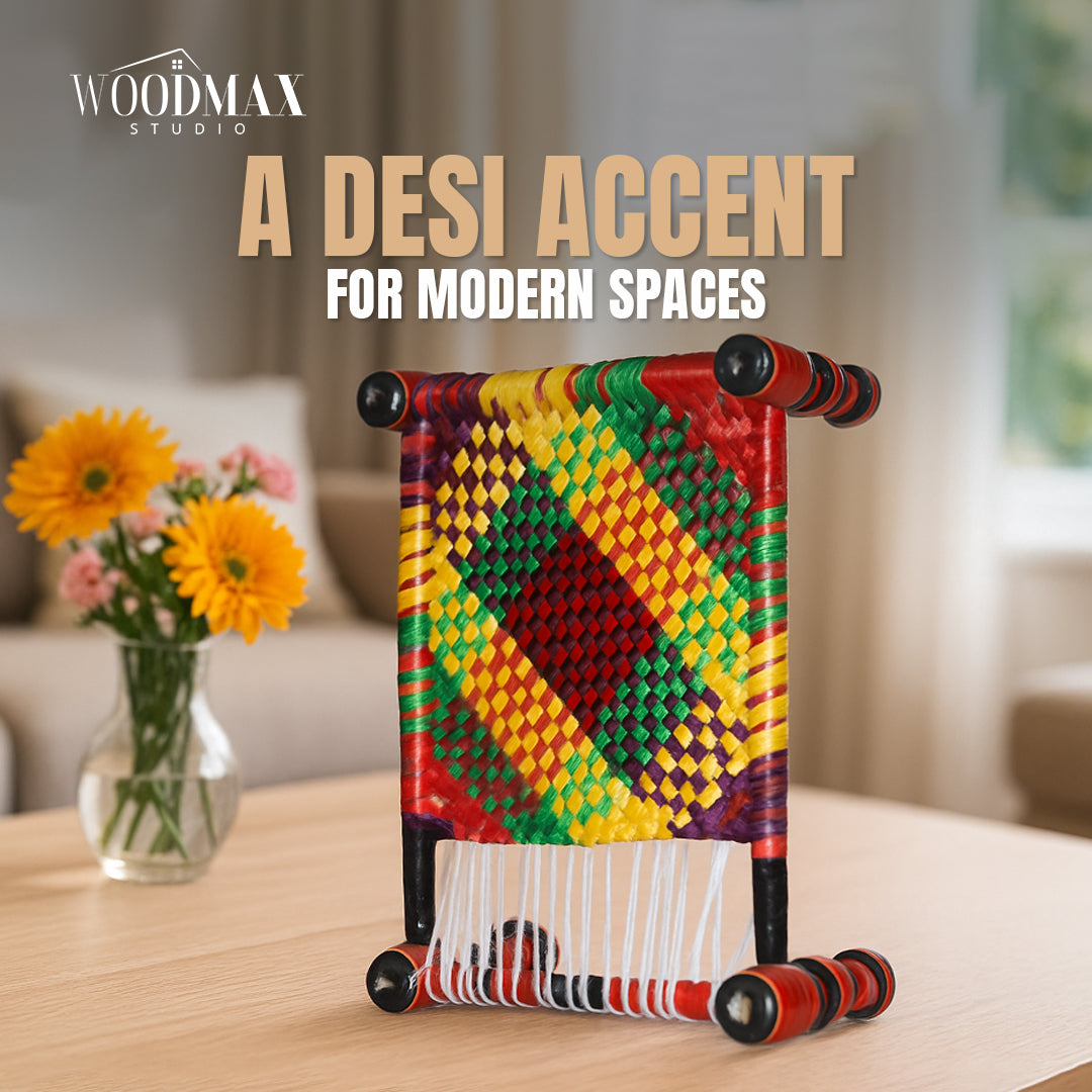 Wooden Miniature Handwoven Charpai / Manji | Colorful Wooden Mini Bed