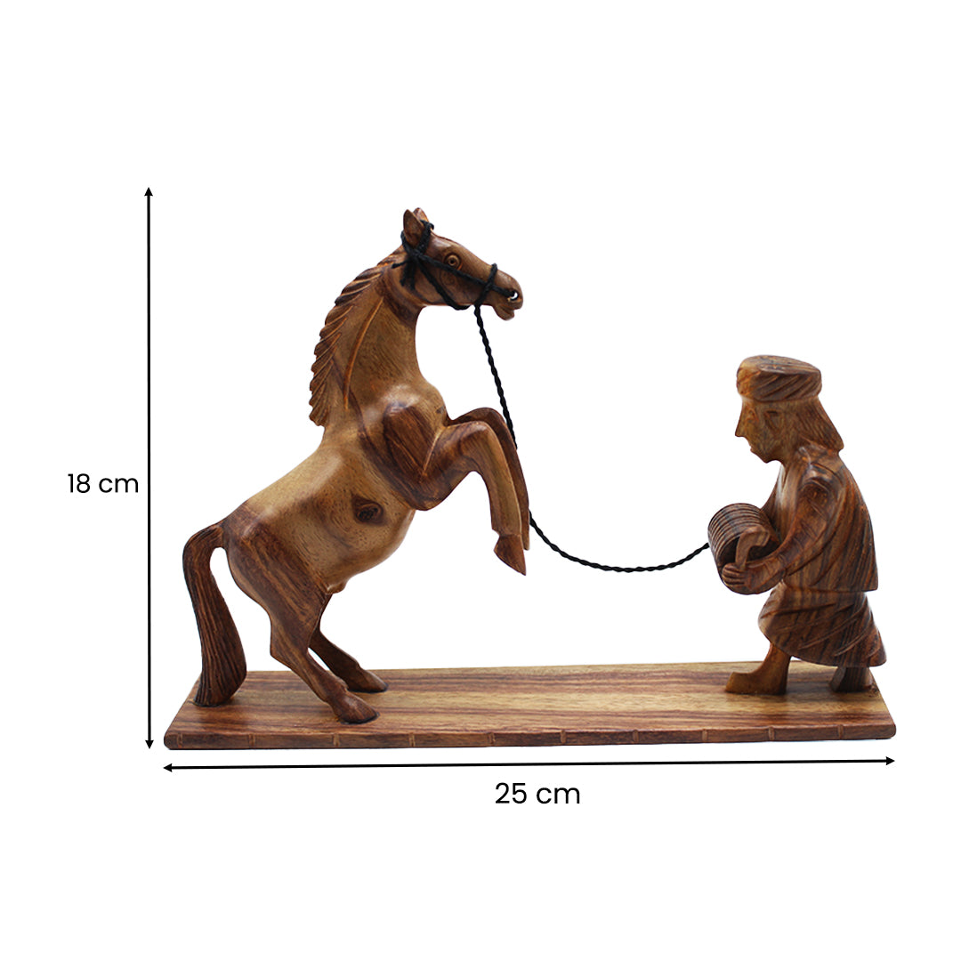 Hand Carved Wooden Horse with Man Sculpture Rustic Home Decor