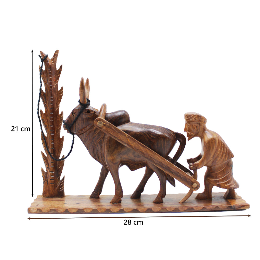 Handcrafted Wooden Farmer and Cattle Sculpture & Bull Artwork