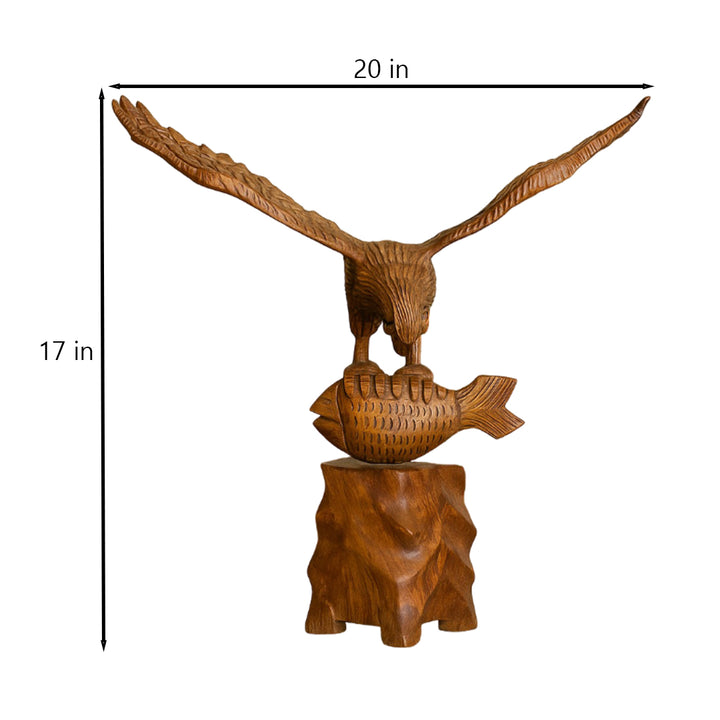 Wooden Flying Eagle Sculpture with Fish | Hand-Carved Bird Statue