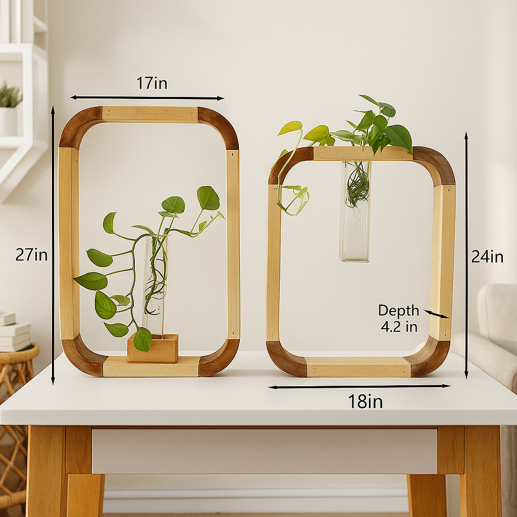 Set Of Large Wooden Frame Plant Stand – Vertical Hydroponic acrylic Vase, Indoor Planter Gift