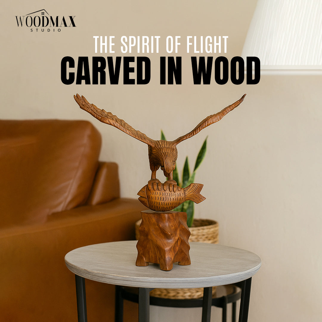 Wooden Flying Eagle Sculpture with Fish | Hand-Carved Bird Statue