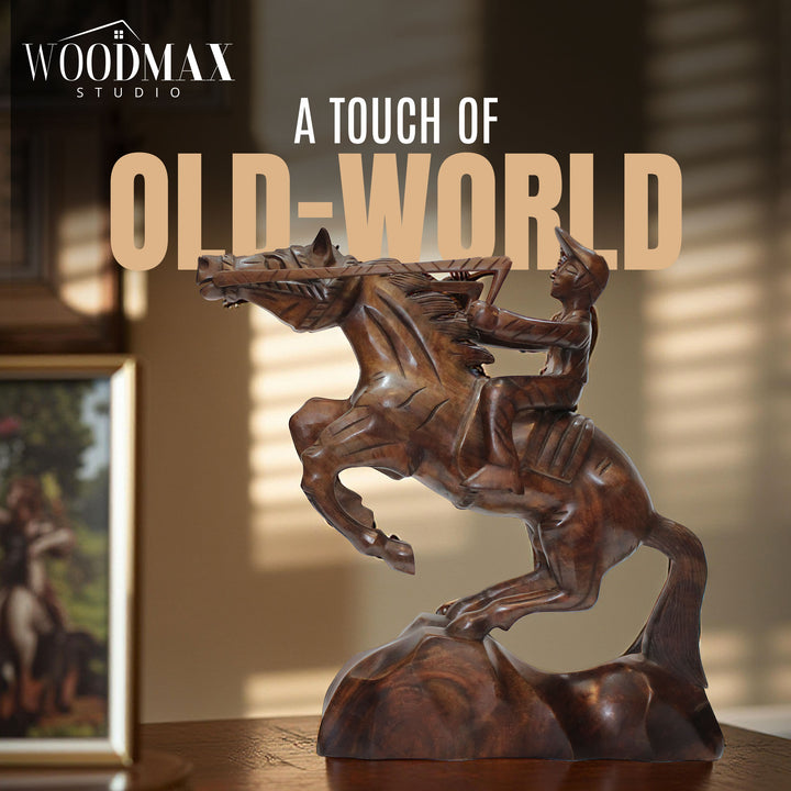 Hand Carved Wooden Horse Rider Sculpture, Luxury Vintage Decor