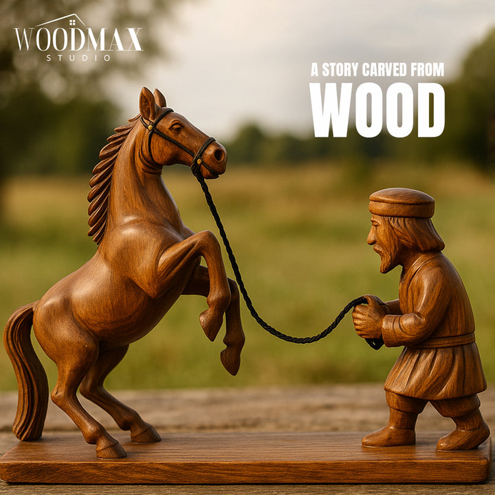 Hand Carved Wooden Horse with Man Sculpture Rustic Home Decor