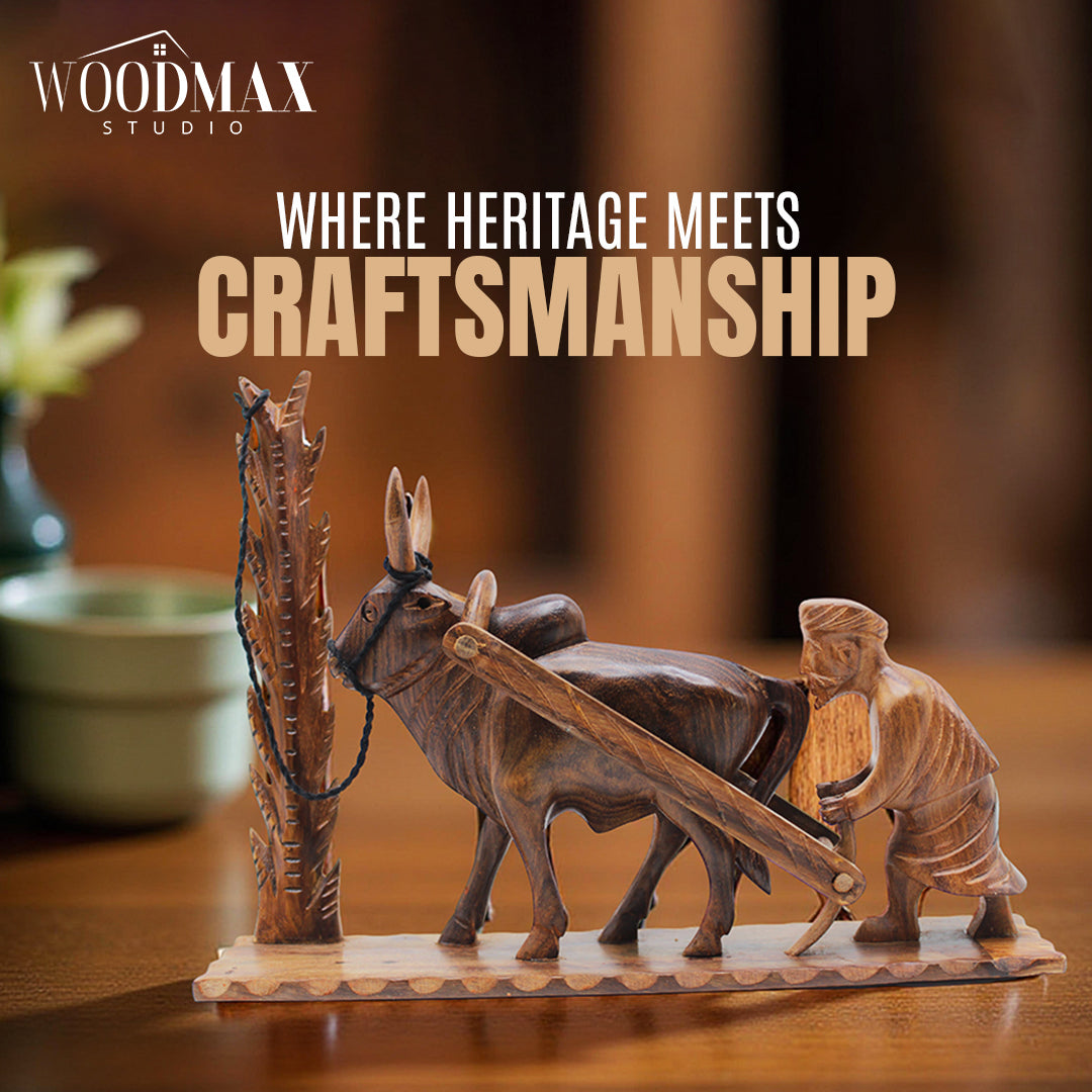 Handcrafted Wooden Farmer and Cattle Sculpture & Bull Artwork