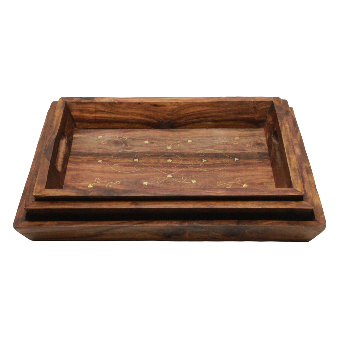 Handcrafted Wooden Tray Set with Brass Accents
