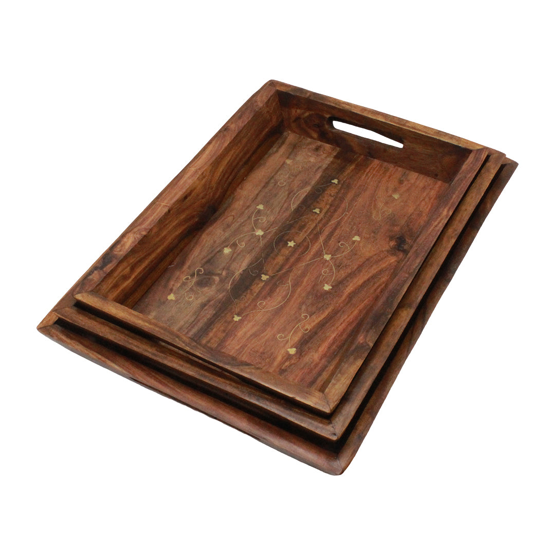 Handcrafted Wooden Tray Set with Brass Accents