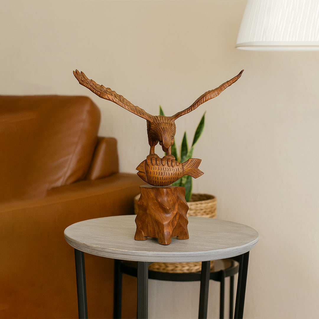Wooden Flying Eagle Sculpture with Fish | Hand-Carved Bird Statue
