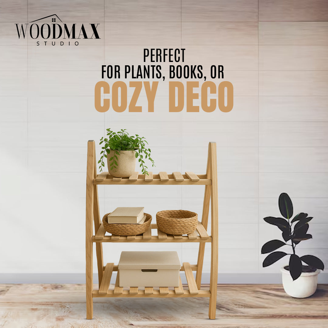 3 Tier Wooden Ladder Shelf – Rustic Wood Bookcase, Bathroom Storage Organizer