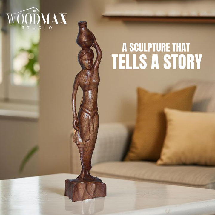 Antique Hand-Carved Water Girl Sculpture –  Wooden Art Masterpiece
