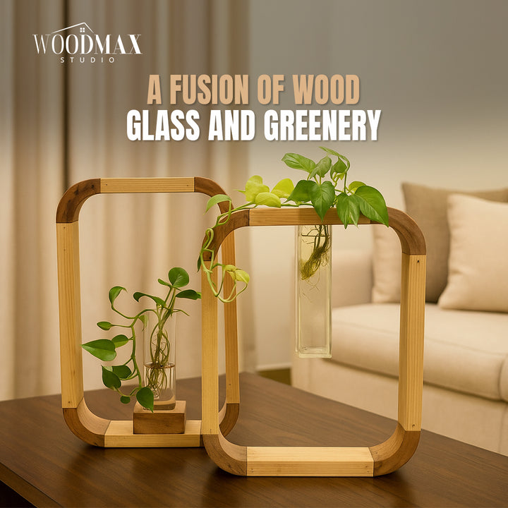 Set Of Large Wooden Frame Plant Stand – Vertical Hydroponic acrylic Vase, Indoor Planter Gift